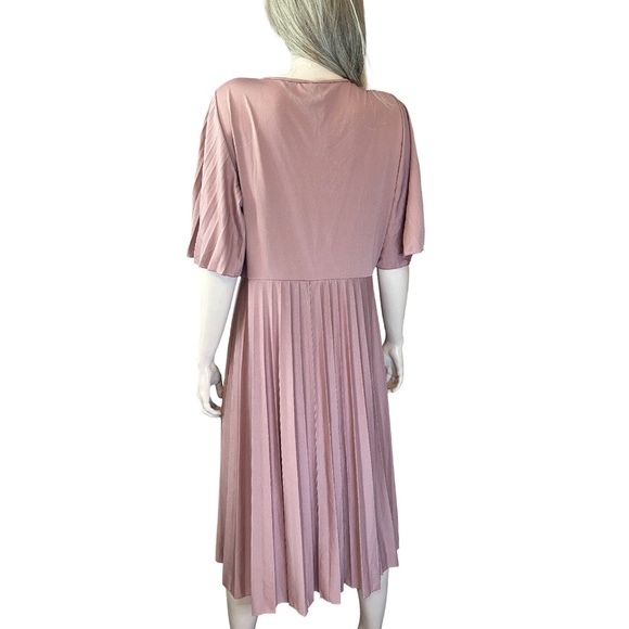 ASOS Dress Simply Be Pleated Kimono Sleeve Deep V Neck Midi Skater Rose Pink - Picture 6 of 14